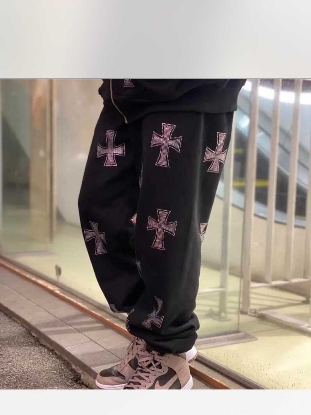 Unknown London Black Rhinestones Cross-Print Sweatpants